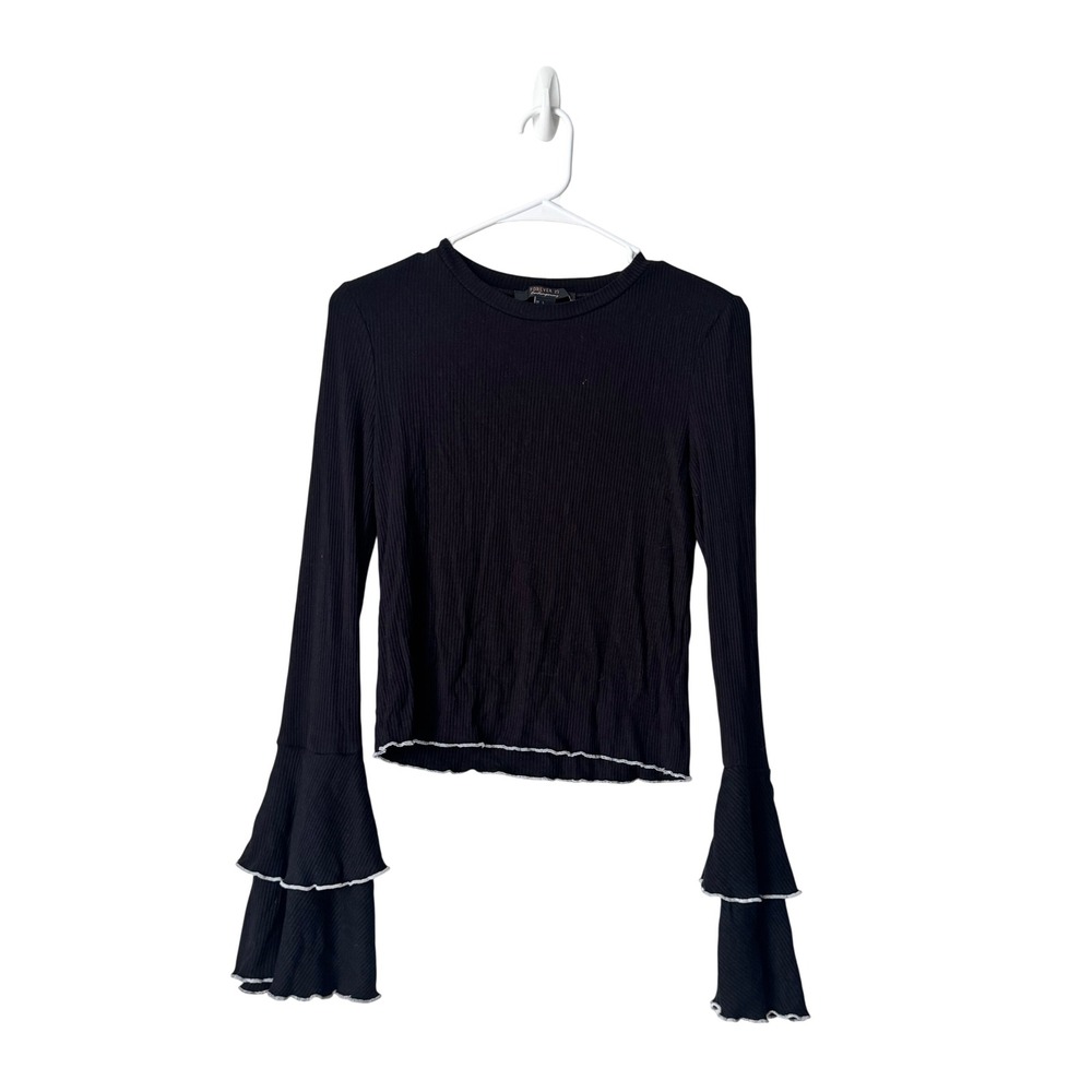 Forever 21 Contemporary Black Ribbed Tiered Bell Sleeve Lettuce Edge Top Large
